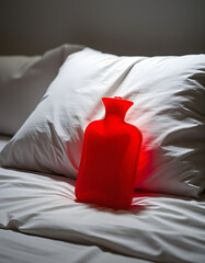 Cozy rubber hot water bottle resting beside a plush pillow on a warm bed, silhouette. with white shades