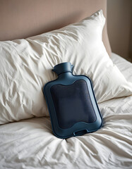 Plush rubber hot water bottle resting beside a fluffy pillow on the cozy bed, dramatic. with white shades
