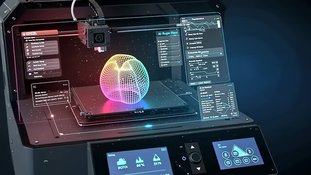 Advanced 3D printer showcasing colorful design process with digital interface and data analysis