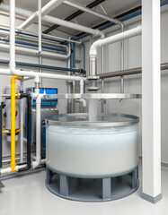 Enhanced solid-contact recirculation clarifier sedimentation system in water purification facilities for microbial control and safe drinking water distribution networks, studio photography. with whi