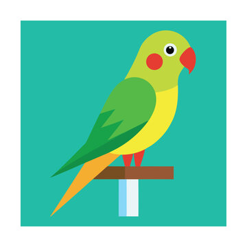 Colorful cartoon parrot perched on a wooden branch with bright green and yellow feathers