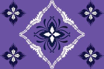 This fabric design features a central floral diamond motif on a rich purple background, accented with symmetric white and navy floral elements.