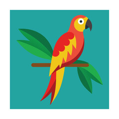 Colorful parrot perched on branch with lush green leaves in a flat vector illustration