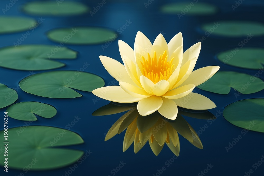 Aufkleber yellow lotus flower floating on dark water with green lily pads and soft light reflection, creative 