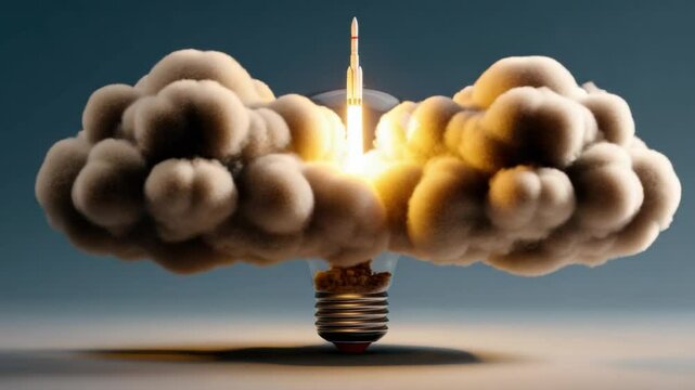 Idea Ignition: Witness the ascent of a rocket, soaring from the innovative spark of a lightbulb, symbolizing the launch of groundbreaking ideas and limitless possibilities.