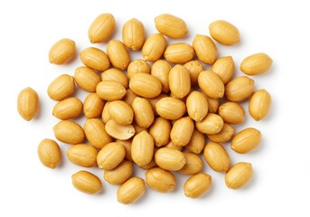 Pile of shelled peanuts on a white surface, overhead view