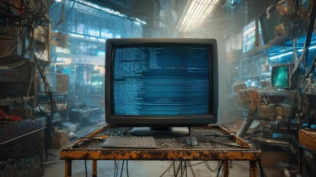 Vintage Computer Monitor in Futuristic Workshop: An old-fashioned computer monitor sits on a rustic workbench amidst a chaotic yet captivating futuristic workshop.