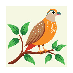 Colorful cartoon bird sitting on a branch with lush green leaves in a clean design