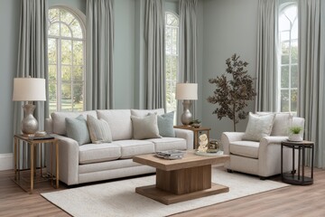 Fototapeta premium Beige living room with light-grey drapes and wooden furniture.