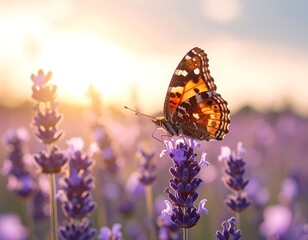 Butterfly perched on lavender at sunset