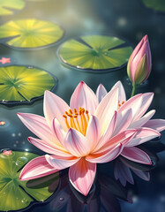 elegant water lilies floating gracefully, graphic novel art. with white shades