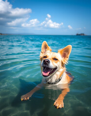 A playful pup splashing in the waves, vibrant. with white shades