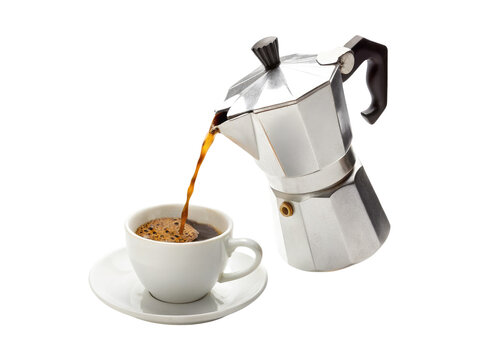 Italian coffee maker moka pot pouring coffee into a cup isolated on a transparent background png drinks design 