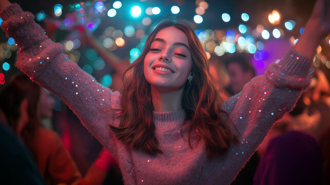 Happy young woman dancing at festive party with colorful lights - Powered by Adobe