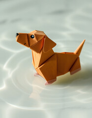 playful pup splashing in the waves, origami. with white shades
