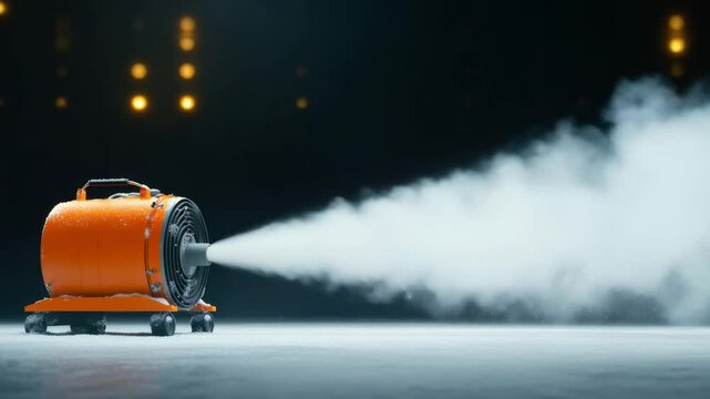 Orange industrial fog machine blowing thick white mist and smoke vapor, creating mysterious atmospheric scene with orange lights, fog equipment for dramatic effect