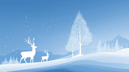 Silhouettes of deer standing in snowy forest with hills, trees and falling snowflakes.