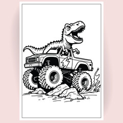 Roar-some Monster Truck T-Rex Coloring Page Prehistoric Fun on Wheels
