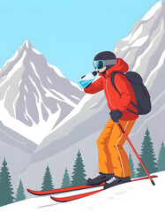 The thirsty skier sips cool water among the snowy peaks., clipart style. with white shades