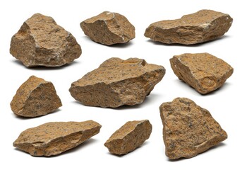 Collection of sedimentary rocks, various shapes and sizes on white background