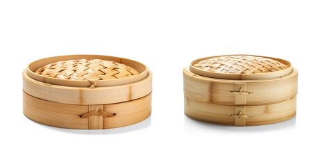 Traditional Bamboo Steamer with Open Lid and Woven Design for Asian Cooking and Food Preparation on a transparent background