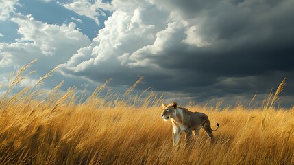 A lioness walking through tall golden grass under a dramatic cloudy sky