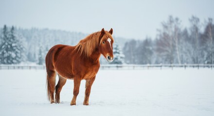 Cartoon red horse with yellow saddle against blue background  