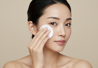 Asian woman cleans face with cotton pad for skincare routine on neutral background
