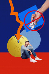 Composite sketch design artwork 3D photo collage of broken coin arrow downwards crisis bankruptcy...