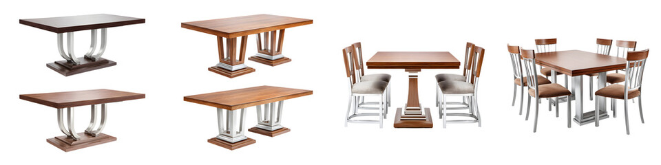 Modern dining tables featuring sleek lines, sturdy bases, and a mix of wood finishes, ideal for contemporary interiors and dining experiences.