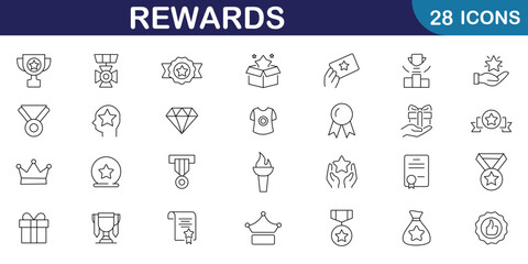 Reward icon set. Exclusive benefit, containing award, prize, medal, gift, trophy, badge and more editable stroke outline icon set. Vector illustration.