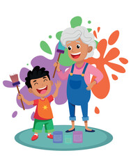 Happy grandma and boy painting together