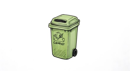 Illustrated Green Compost Bin on White Background