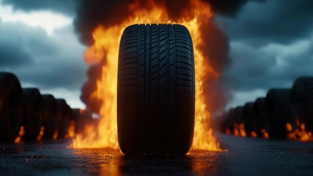 Tire standing upright on wet surface with intense fire, burning flames, and smoke under dark sky, creating dramatic and intense atmosphere with rubber and burning tire.