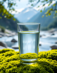 Crystal-clear water in a pristine glass, set against lush green moss with a rushing mountain river in the distance. Fresh, nourishing food and pure, sustainably sourced natural water., flat papercut