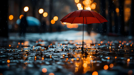 Red Umbrella in Rainy City at Night