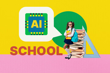 Banner full 3d photo trend image collage of happy preteen schoolgirl stand book stack cyber education ruler supplies ai gpt bot