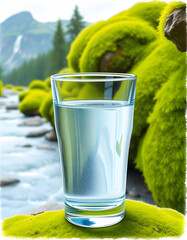 Crystal-clear water in a pristine glass surrounded by lush green moss with a rushing mountain river in the distance. Pure, refreshing nourishment from nature's untouched sources., crayon drawing. wi