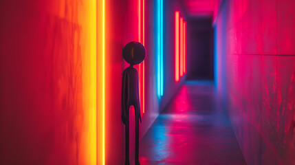 Silhouette Figure in a Neon Lit Corridor