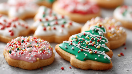 Decorated Christmas cookies with colorful icing and sprinkles, festive holiday treats perfect for celebrations and gifting
