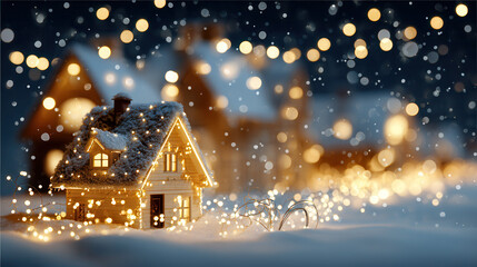 Cozy miniature house decorated with warm string lights snowy winter scene with blurred glowing lights background