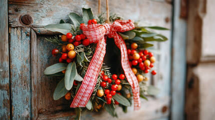 Festive holiday wreath hanging rustic wooden door decorated with red berries and red checkered ribbon, creating warm