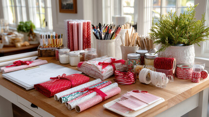 Christmas themed gift wrapping station with ribbons, wrapping paper, and decorative items wooden table, creating festive