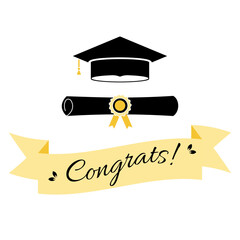 Congrats greeting text with academic cap and diploma. Congrats Graduated. Graduation design, card, poster. Class of 2025. Vector illustration.