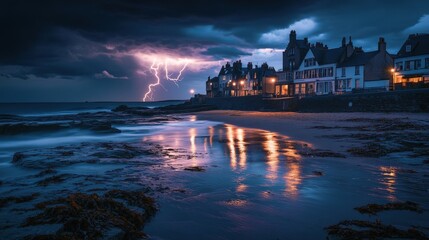 Fototapeta premium A dramatic seaside scene with lightning striking over calm waters and reflective buildings at night