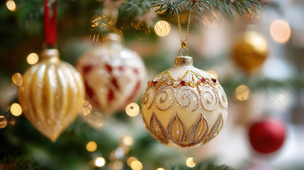 Closeup of decorated Christmas ornaments hanging on Christmas tree with warm lights creating festive atmosphere