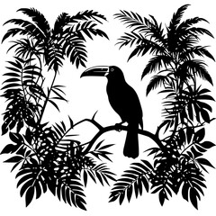 Rainforest with vines, dense foliage and toucan silhouette