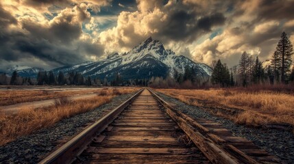 Fototapeta premium Empty Railroad Tracks Leading To Snow Capped Mountain Under Dramatic Sky