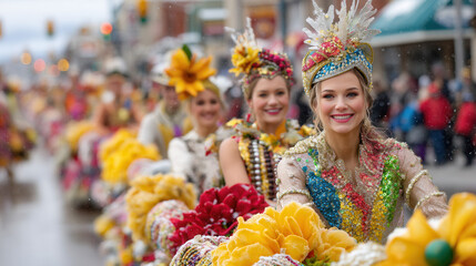 Group of women dressed colorful traditional costumes participating festive parade city street, smiling and enjoying