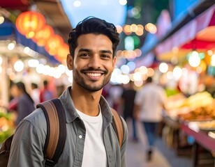 Fototapeta premium Joyful Young Man traveller Smiling at Busy Night Market with Colorful Lights